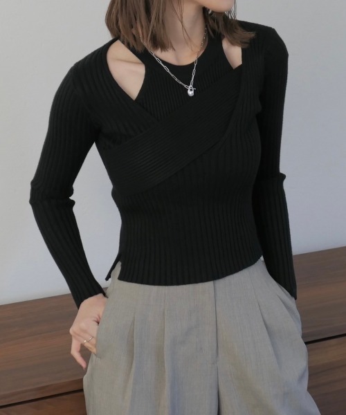 Reurie'(レウリィ)の「レイヤードカシュクールトップス / layered cachecoeur top リブニット 2WAY プルオーバー アシンメトリー アシメ ニット トップス アメスリ セットアイテム セットアップ アメリカンスリーブ(ニット/セーター・レディース・グレー/ブラック・FREE)」の3枚目の写真