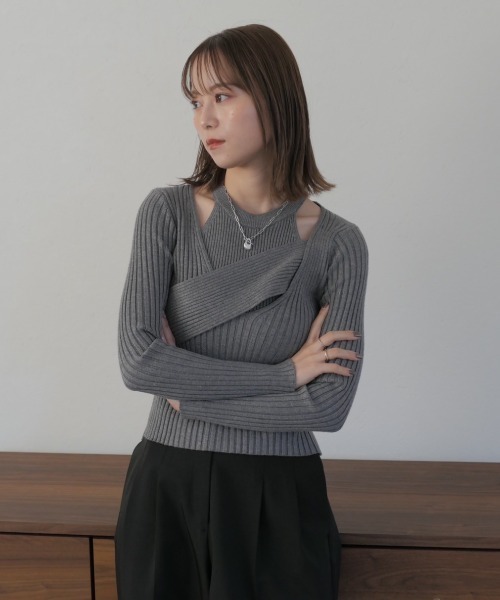 Reurie'(レウリィ)の「レイヤードカシュクールトップス / layered cachecoeur top リブニット 2WAY プルオーバー アシンメトリー アシメ ニット トップス アメスリ セットアイテム セットアップ アメリカンスリーブ(ニット/セーター・レディース・グレー/ブラック・FREE)」の6枚目の写真