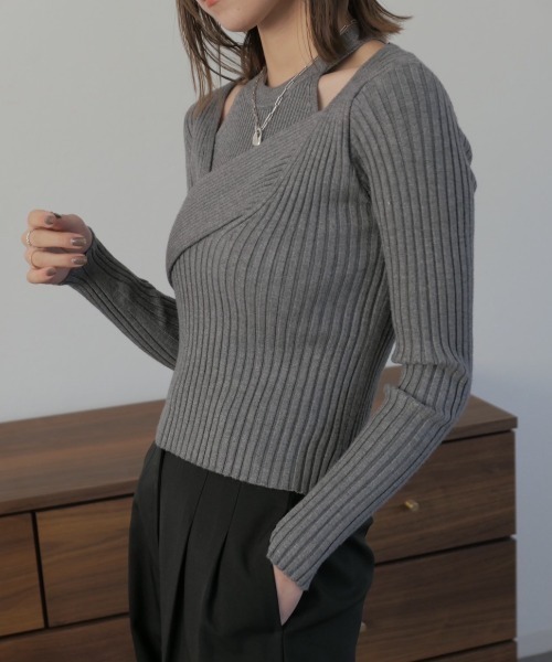 Reurie'(レウリィ)の「レイヤードカシュクールトップス / layered cachecoeur top リブニット 2WAY プルオーバー アシンメトリー アシメ ニット トップス アメスリ セットアイテム セットアップ アメリカンスリーブ(ニット/セーター・レディース・グレー/ブラック・FREE)」の17枚目の写真
