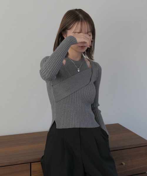 Reurie'(レウリィ)の「レイヤードカシュクールトップス / layered cachecoeur top リブニット 2WAY プルオーバー アシンメトリー アシメ ニット トップス アメスリ セットアイテム セットアップ アメリカンスリーブ(ニット/セーター・レディース・グレー/ブラック・FREE)」の20枚目の写真
