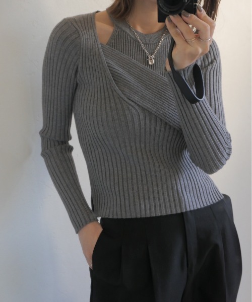 Reurie'(レウリィ)の「レイヤードカシュクールトップス / layered cachecoeur top リブニット 2WAY プルオーバー アシンメトリー アシメ ニット トップス アメスリ セットアイテム セットアップ アメリカンスリーブ(ニット/セーター・レディース・グレー/ブラック・FREE)」の16枚目の写真