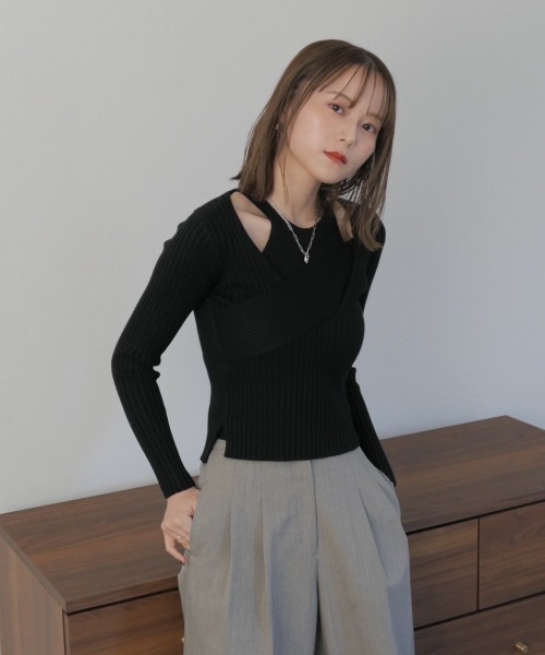 Reurie'(レウリィ)の「レイヤードカシュクールトップス / layered cachecoeur top リブニット 2WAY プルオーバー アシンメトリー アシメ ニット トップス アメスリ セットアイテム セットアップ アメリカンスリーブ(ニット/セーター・レディース・グレー/ブラック・FREE)」の9枚目の写真