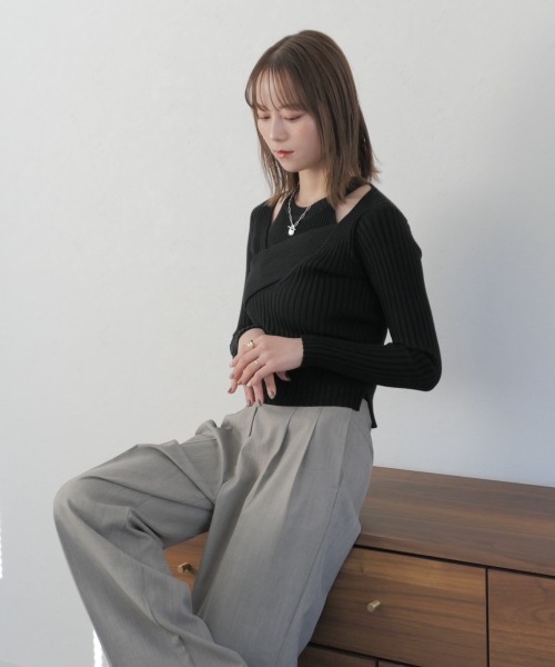 Reurie'(レウリィ)の「レイヤードカシュクールトップス / layered cachecoeur top リブニット 2WAY プルオーバー アシンメトリー アシメ ニット トップス アメスリ セットアイテム セットアップ アメリカンスリーブ(ニット/セーター・レディース・グレー/ブラック・FREE)」の12枚目の写真