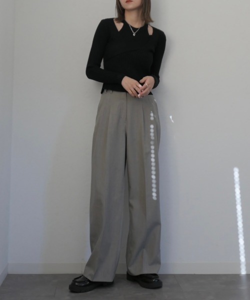 Reurie'(レウリィ)の「レイヤードカシュクールトップス / layered cachecoeur top リブニット 2WAY プルオーバー アシンメトリー アシメ ニット トップス アメスリ セットアイテム セットアップ アメリカンスリーブ(ニット/セーター・レディース・グレー/ブラック・FREE)」の14枚目の写真