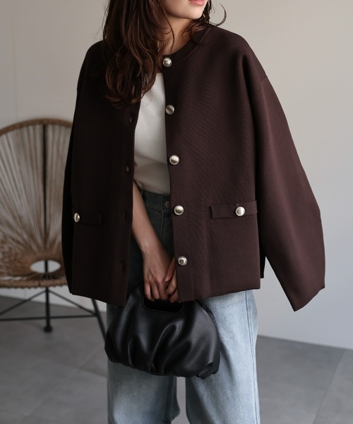 ap retro（アプレトロ）の「ノーカラーニットカーディガン / ニットジャケット（ノーカラージャケット・レディース・チャコールグレー/アイボリー/ライトブルー/ブラック/ブルー/オレンジ/ブラウン・FREE）」の18枚目の写真