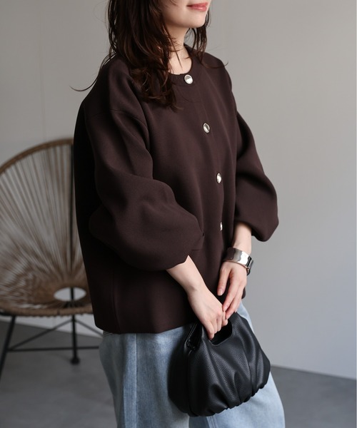 ap retro（アプレトロ）の「ノーカラーニットカーディガン / ニットジャケット（ノーカラージャケット・レディース・チャコールグレー/アイボリー/ライトブルー/ブラック/ブルー/オレンジ/ブラウン・FREE）」の22枚目の写真