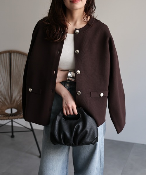 ap retro（アプレトロ）の「ノーカラーニットカーディガン / ニットジャケット（ノーカラージャケット・レディース・チャコールグレー/アイボリー/ライトブルー/ブラック/ブルー/オレンジ/ブラウン・FREE）」の17枚目の写真