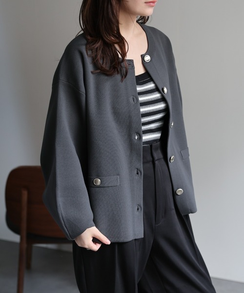 ap retro（アプレトロ）の「ノーカラーニットカーディガン / ニットジャケット（ノーカラージャケット・レディース・チャコールグレー/アイボリー/ライトブルー/ブラック/ブルー/オレンジ/ブラウン・FREE）」の14枚目の写真