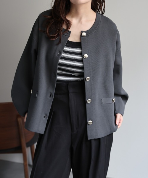 ap retro（アプレトロ）の「ノーカラーニットカーディガン / ニットジャケット（ノーカラージャケット・レディース・チャコールグレー/アイボリー/ライトブルー/ブラック/ブルー/オレンジ/ブラウン・FREE）」の13枚目の写真