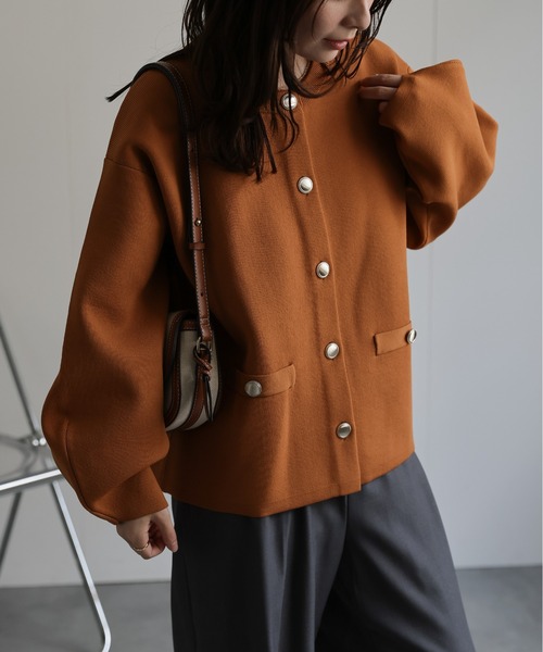 セール】ノーカラーニットカーディガン / ニットジャケット（ノー