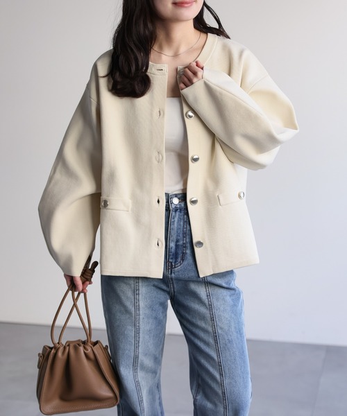 セール】ノーカラーニットカーディガン / ニットジャケット（ノー