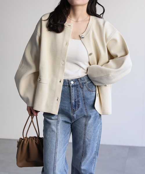 セール】ノーカラーニットカーディガン / ニットジャケット（ノー