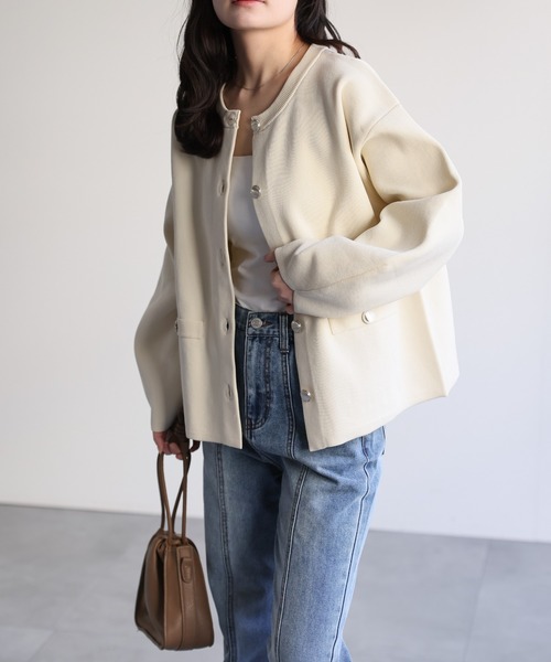 セール】ノーカラーニットカーディガン / ニットジャケット（ノー