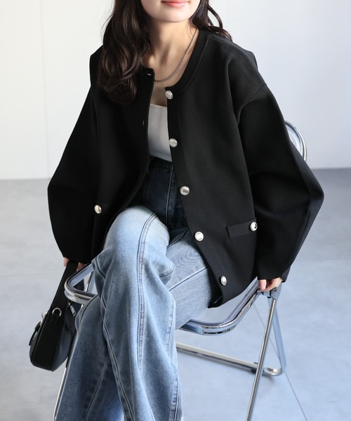 セール】ノーカラーニットカーディガン / ニットジャケット（ノー