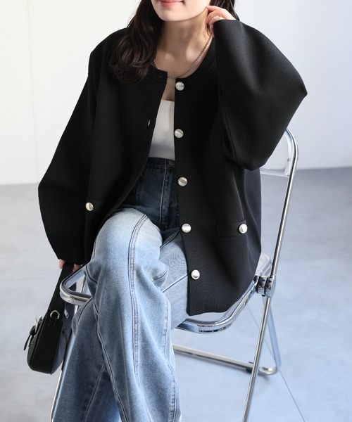 セール】ノーカラーニットカーディガン / ニットジャケット（ノー