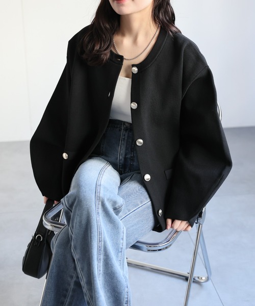 セール】ノーカラーニットカーディガン / ニットジャケット（ノー