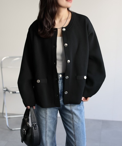 セール】ノーカラーニットカーディガン / ニットジャケット（ノー