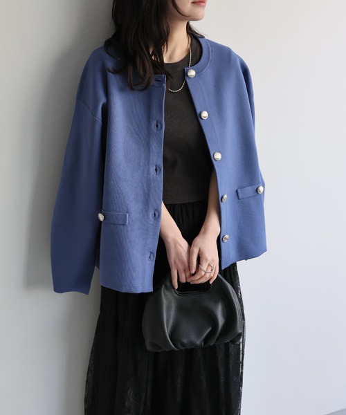 セール】ノーカラーニットカーディガン / ニットジャケット（ノー