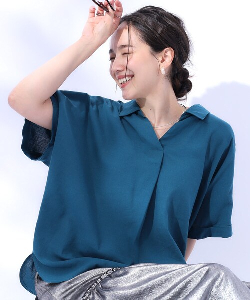 SHOO・LA・RUE（シューラルー）の「◆【UV/抗菌防臭】ゆる さら ふわり フレンチリネンブレンド ドルマンシャツ（シャツ/ブラウス・レディース・グリーン系/ホワイト/ピンク/ブラック系1/ネイビー/ライトパープル/ブルー系その他4/ブルー系その他3/ブルーグリーン/レッド系1/キャメル・00）」の5枚目の写真