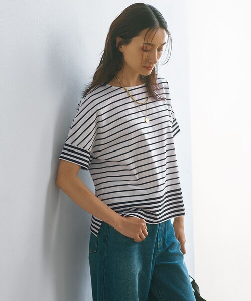 23区 S(ニジュウサンクチイサイサイズ)の「【洗える】ランダムボーダー ドルマン カットソー(Tシャツ/カットソー・レディース・黄土色系1/ブラック系1/ベージュ系1・32)」の2枚目の写真