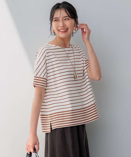 23区 S(ニジュウサンクチイサイサイズ)の「【洗える】ランダムボーダー ドルマン カットソー(Tシャツ/カットソー・レディース・黄土色系1/ブラック系1/ベージュ系1・32)」の1枚目の写真