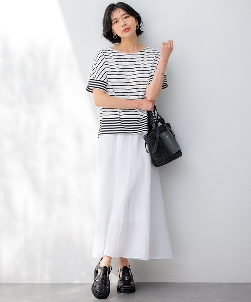 23区 S(ニジュウサンクチイサイサイズ)の「【洗える】ランダムボーダー ドルマン カットソー(Tシャツ/カットソー・レディース・黄土色系1/ブラック系1/ベージュ系1・32)」の7枚目の写真