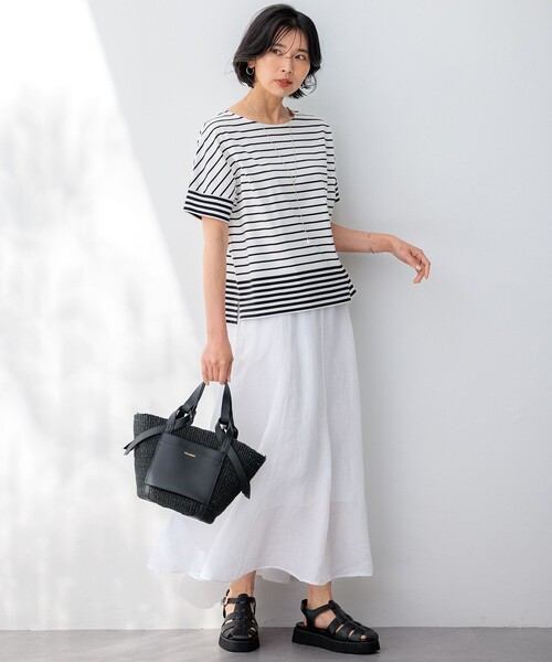 23区 S(ニジュウサンクチイサイサイズ)の「【洗える】ランダムボーダー ドルマン カットソー(Tシャツ/カットソー・レディース・黄土色系1/ブラック系1/ベージュ系1・32)」の8枚目の写真