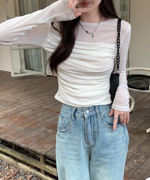 LAC-VERT(ラック・ヴェール)の「シアードレープトップス(Tシャツ/カットソー・レディース・オフホワイト/グレイッシュベージュ/カーキ・FREE)」の6枚目の写真