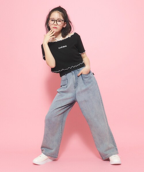 PINK-latte（ピンクラテ）の「◆【2点SET】配色メローキャミオフショルセットアイテム（その他トップス・キッズ・ブラック/オフホワイト/ホワイト系3・13/14/15 /16）」の14枚目の写真