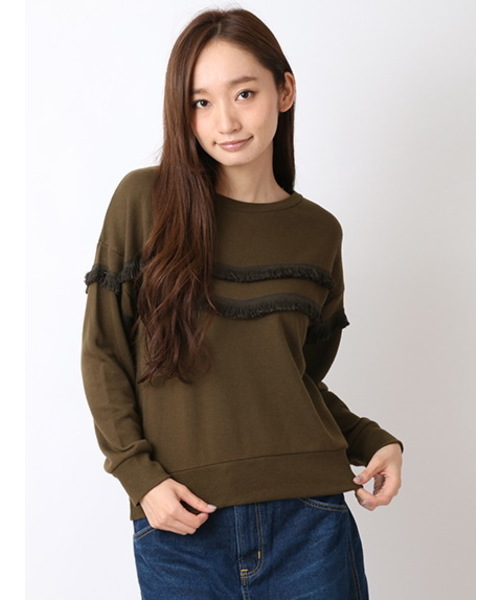 Green　Parks（グリーンパークス）の「・ﾌﾘﾝｼﾞｳﾗｹﾌﾟﾙｵｰﾊﾞｰ（Tシャツ/カットソー・レディース・カーキ/ネイビー/キャメル・FREE）」の2枚目の写真