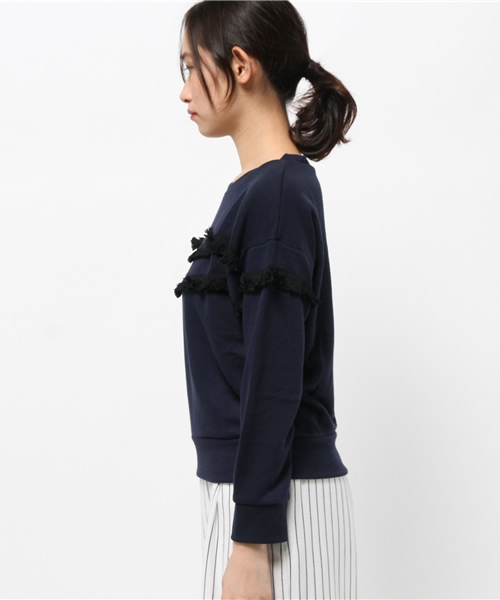 Green　Parks（グリーンパークス）の「・ﾌﾘﾝｼﾞｳﾗｹﾌﾟﾙｵｰﾊﾞｰ（Tシャツ/カットソー・レディース・カーキ/ネイビー/キャメル・FREE）」の5枚目の写真