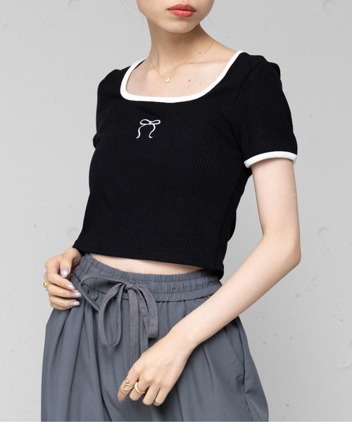 SETUP7(セットアップセブン)の「【SETUP7】刺繍リボンバイカラー 半袖Tシャツ SCCH595(シャツ/ブラウス・レディース・グレー/ライトブルー/ブラック/ホワイト・FREE)」の9枚目の写真