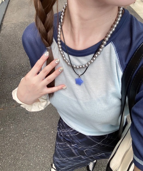 nemne store(ネンネストア)の「カラーステッチシアーラグランTシャツ(Tシャツ/カットソー・レディース・ライトブルー/アイボリー・フリー)」の10枚目の写真