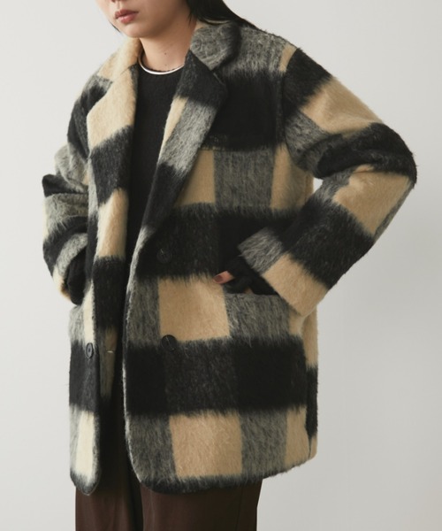 【matsuy】MARELLA ♡ チェックシャギーコート セール】リブカラーシャギーチェックコート（テーラード