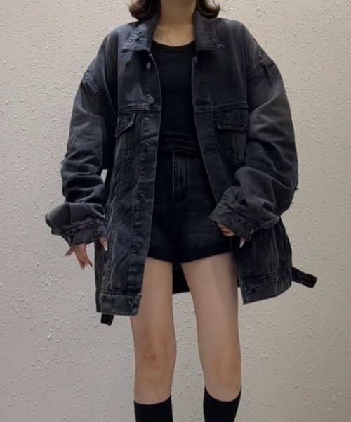 CREARE -LINO-（クレアーレリノ）の「＜ユニセックス＞ダメージ加工 デニムジャケット/Gジャン（デニムジャケット・レディース・ブラック/ブルー・FREE）」の4枚目の写真