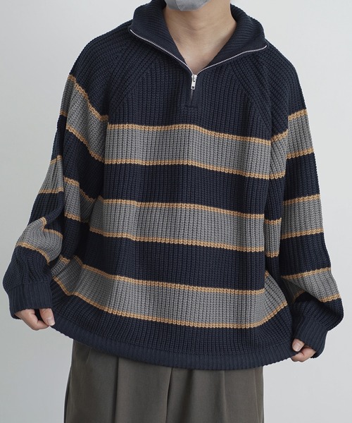 molk】バルーンスリーブハーフジップボーダーニット（ニット/セーター