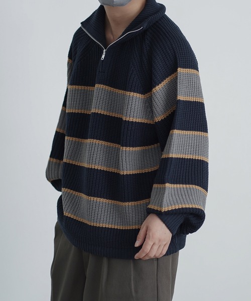 molk(モルク)の「【molk】バルーンスリーブハーフジップボーダーニット(ニット/セーター・メンズ・チャコールグレー/ネイビー/グリーン・XS/S/M)」の10枚目の写真