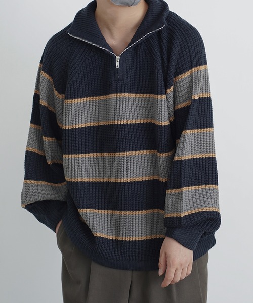 molk(モルク)の「【molk】バルーンスリーブハーフジップボーダーニット(ニット/セーター・メンズ・チャコールグレー/ネイビー/グリーン・XS/S/M)」の5枚目の写真