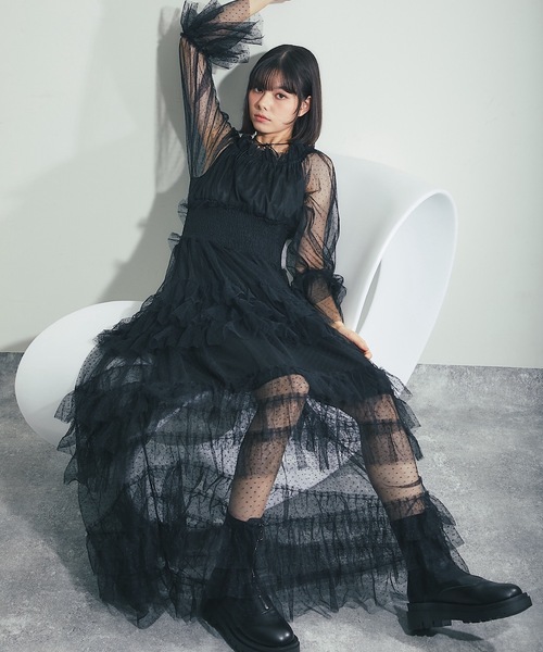 SMILE ORCHID(スマイルオーキッド)の「ドット柄チュールドレス(ドレス・レディース・ブラック・M)」の9枚目の写真