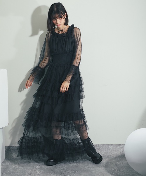 SMILE ORCHID(スマイルオーキッド)の「ドット柄チュールドレス(ドレス・レディース・ブラック・M)」の8枚目の写真