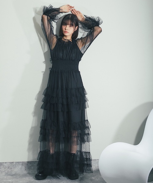SMILE ORCHID(スマイルオーキッド)の「ドット柄チュールドレス(ドレス・レディース・ブラック・M)」の6枚目の写真