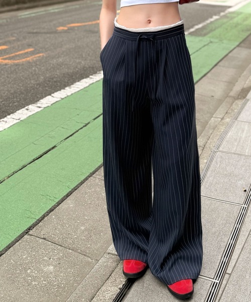 【新品】ダブルウエストレースパンツ ブラック トリートユアセルフ セール】【mily bilet】新感覚デザイン。レース使いダブル