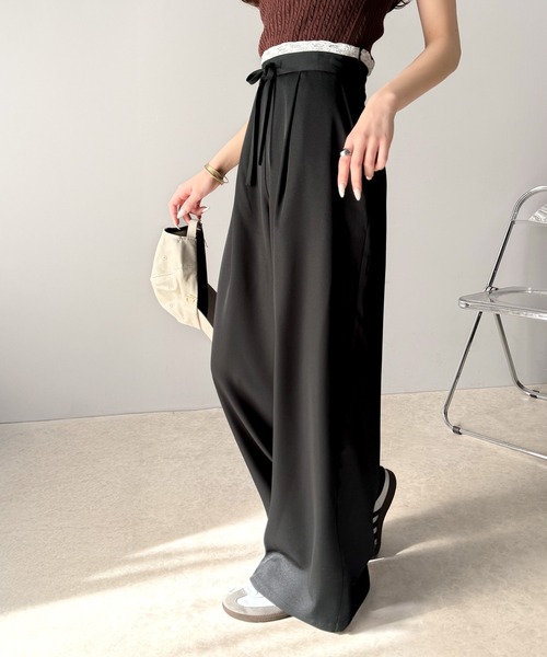 【新品】ダブルウエストレースパンツ ブラック トリートユアセルフ セール】【mily bilet】新感覚デザイン。レース使いダブル