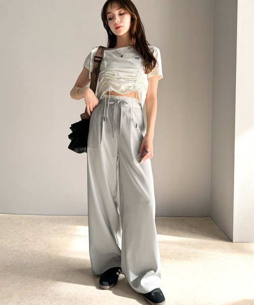 mily bilet(ミウィビレット)の「【mily bilet】新感覚デザイン。レース使いダブルウエストワイドスラックスパンツ(スラックス・レディース・グレー/ネイビー/ブラック/アイボリー/グレー系その他・SMALL/X-LARGE/LARGE/MEDIUM)」の9枚目の写真