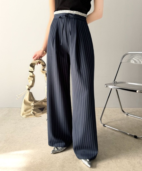 mily bilet(ミウィビレット)の「【mily bilet】新感覚デザイン。レース使いダブルウエストワイドスラックスパンツ(スラックス・レディース・グレー/ネイビー/ブラック/アイボリー/グレー系その他・SMALL/X-LARGE/LARGE/MEDIUM)」の13枚目の写真