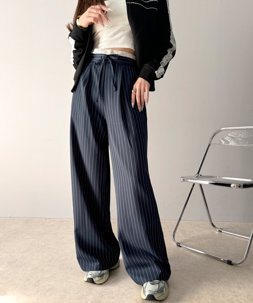 mily bilet(ミウィビレット)の「【mily bilet】新感覚デザイン。レース使いダブルウエストワイドスラックスパンツ(スラックス・レディース・グレー/ネイビー/ブラック/アイボリー/グレー系その他・SMALL/X-LARGE/LARGE/MEDIUM)」の17枚目の写真