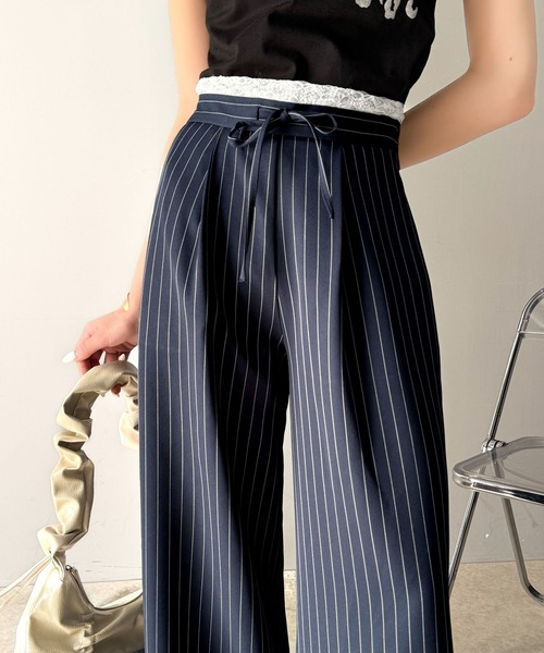 mily bilet(ミウィビレット)の「【mily bilet】新感覚デザイン。レース使いダブルウエストワイドスラックスパンツ(スラックス・レディース・グレー/ネイビー/ブラック/アイボリー/グレー系その他・SMALL/X-LARGE/LARGE/MEDIUM)」の14枚目の写真