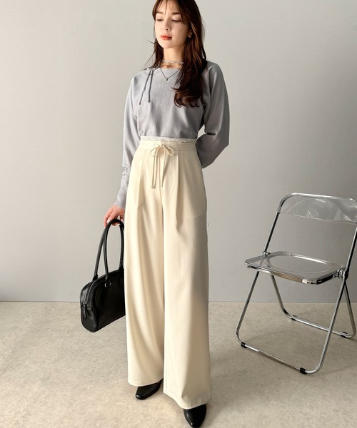 mily bilet(ミウィビレット)の「【mily bilet】新感覚デザイン。レース使いダブルウエストワイドスラックスパンツ(スラックス・レディース・グレー/ネイビー/ブラック/アイボリー/グレー系その他・SMALL/X-LARGE/LARGE/MEDIUM)」の22枚目の写真