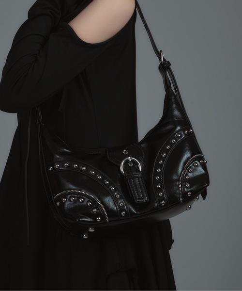 PORTER × ZOZOTOWN レザー ショルダーバッグ スタッズ 黒 Studded Belt Faux Leather Shoulder Bag / スタッズベルトフェイク
