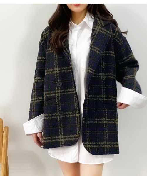 Jayro(ジャイロ)の「マルチチェック柄ショートテーラーコート(その他アウター・レディース・キャメル/グリーン・FREE)」の1枚目の写真